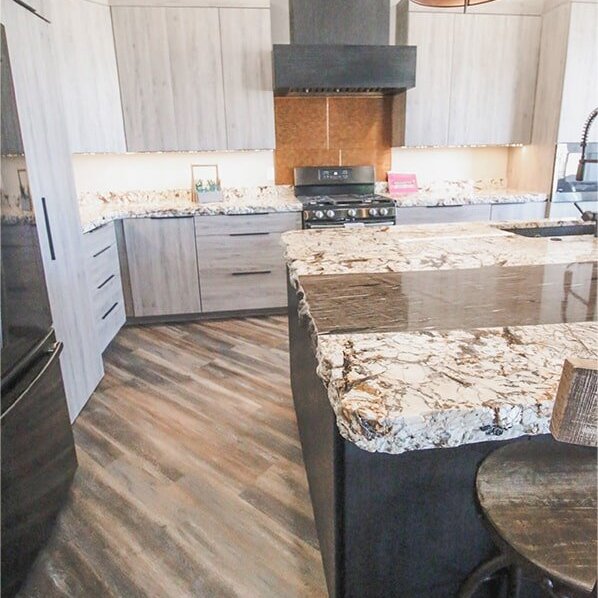 Live edge countertops at 'Elements at Sunset' from Pioneer Floor Coverings & Design